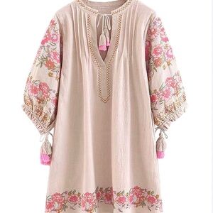R.Vivimos Women's Autumn 3/4 Sleeve Cotton V Neck Floral Embroidery Tunic Small